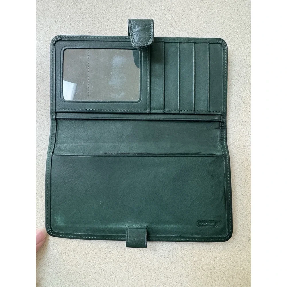 Vintage Coach Green Bifold checkbook Wallet Solid Logo with ID Window slots
